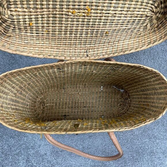 VTG Handmade Ornate Wicker Leather Handles Large Handbag Basket Metal Clasp - Picture 7 of 8